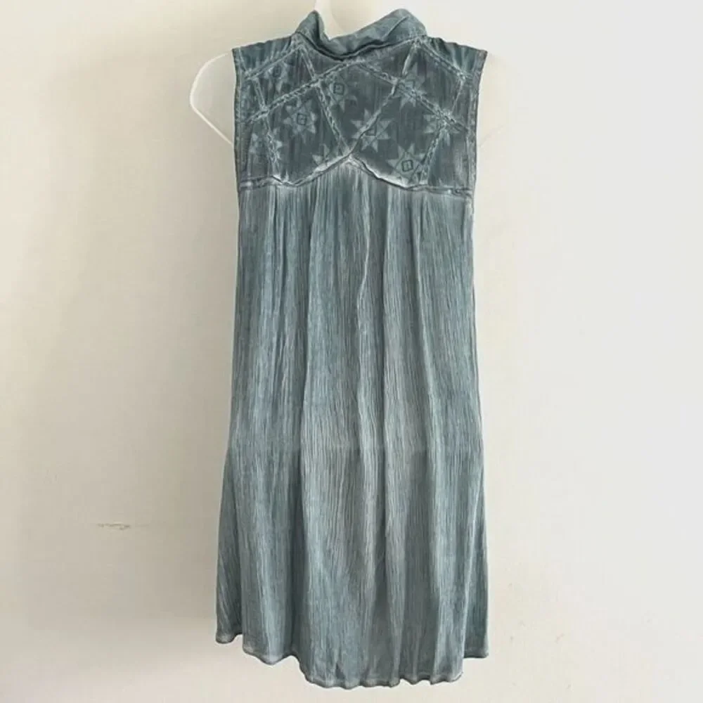 Free People Sleeveless Crinkle Cotton Tunic Top Size XS Teal Western Hippie Chic